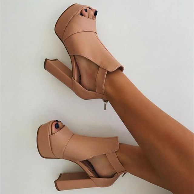 Nude Open Toe High Heel Thick Heel One Strap Sandals Vdcoo