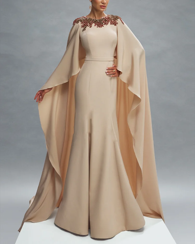 Women' Round Neck Embroidered Shawl Dress