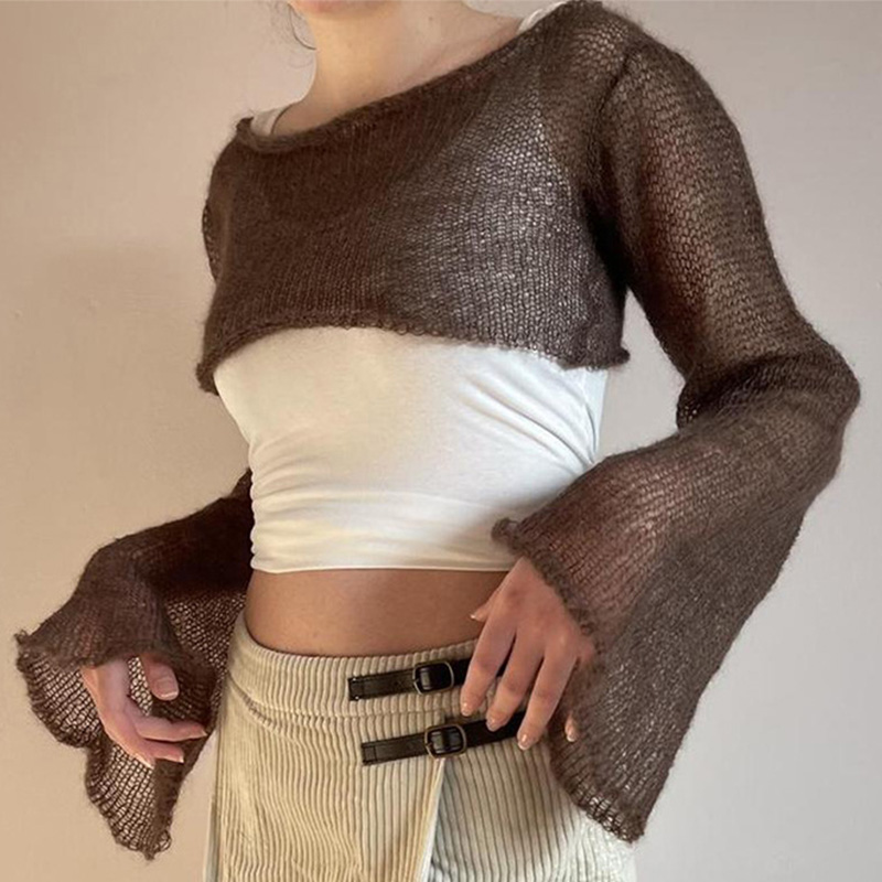 Chic Bell Sleeve See Through Hollow Out Crochet Crop Top