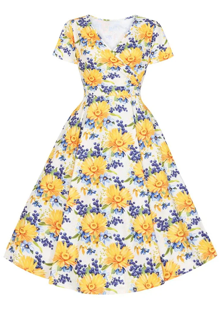 1950s Yellow Casual Floral Print Crossover Chest Swing Midi Dress