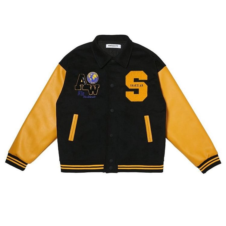 Antidote Yellow Woolen Embroidered Varsity Jacket