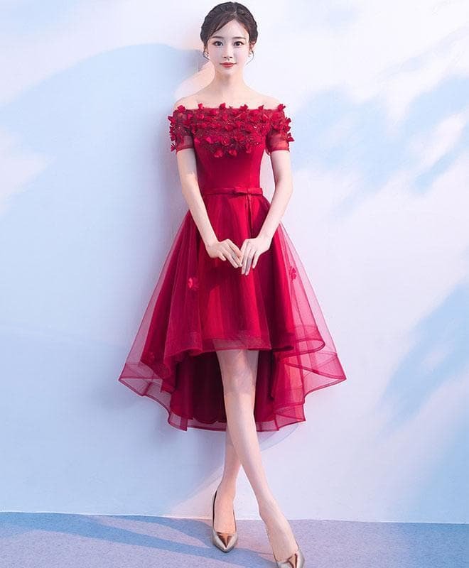 Burgundy Tulle Lace Short Prom Dress, Burgundy Homecoming Dress