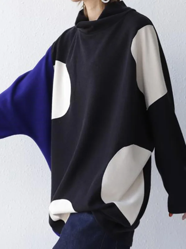 Original Casual Roomy Split-Joint Color Matching Polka-Dot High-Neck Long Sleeves T-Shirt Tops
