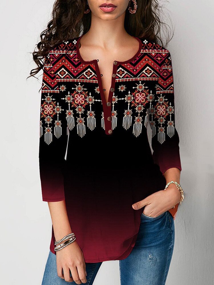 Ethnic Pattern Print Button Casual T Shirt For Women P1777680