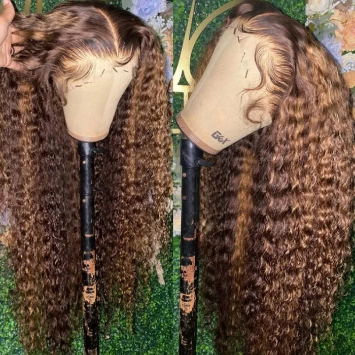 Ombre Highlights Piano Brown Water Wave 13x4 Lace Front Wig
