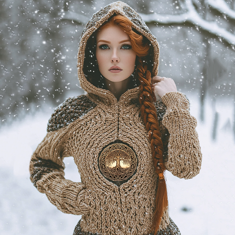 Vintage Viking Tribal Tree Of Life Jacquard Celtic Knit Hooded Sweater