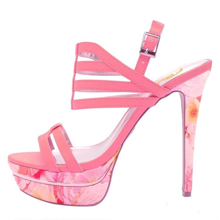 Hot Pink Platform Sandals Floral Slingback High Heels |FSJ Shoes