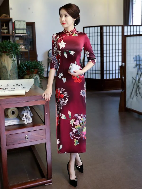 Floral Stamped Silk Improved Long Cheongsams