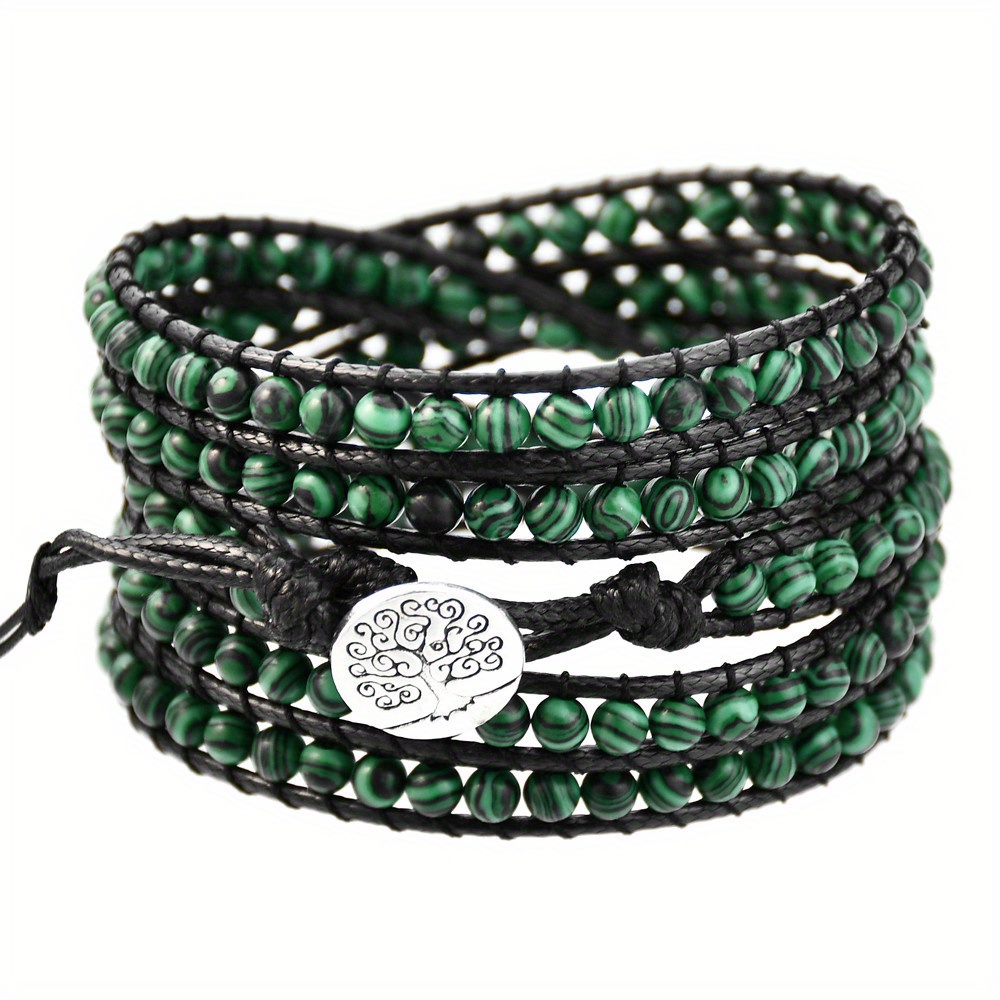 Boho Bohemian Healing Natural Stone Wrap Bracelets 5 Layers Prolong Leather Adjustable Tree Charm Beaded Jewelry