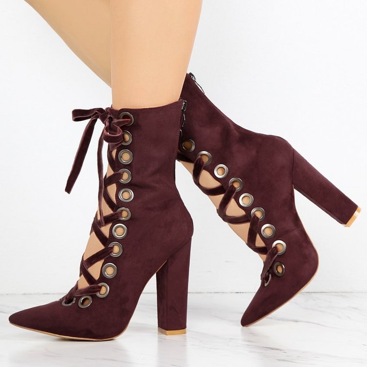 Women's Maroon Chunky Heels Boots Fashion Lace Up Suede Ankle Boots |FSJ Shoes