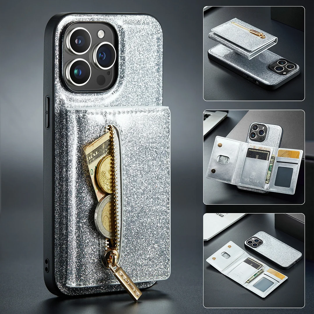 Glitter Phone Case With Removable Magnetic Zipper Wallet,Cards Slot And Phone Stand For IPhone 14/14 Pro/14 Pro Max/13/13 Pro/13 Pro Max
