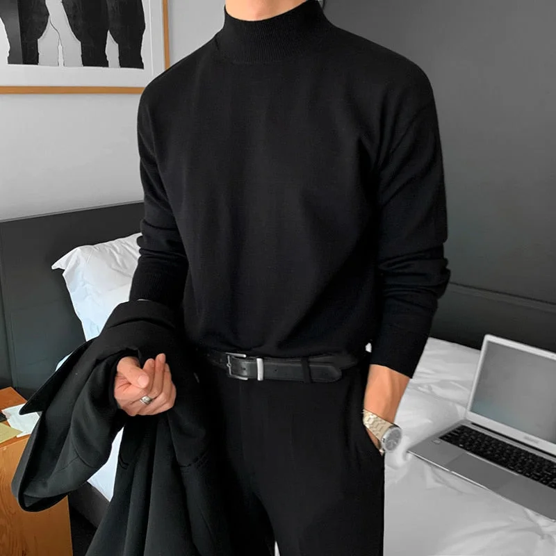 Aonga Casual Men's Korean Loose Pullover Lightweight Kinttwear Tops New Long Sleeve Mock Neck Black Spring Basic Clothing