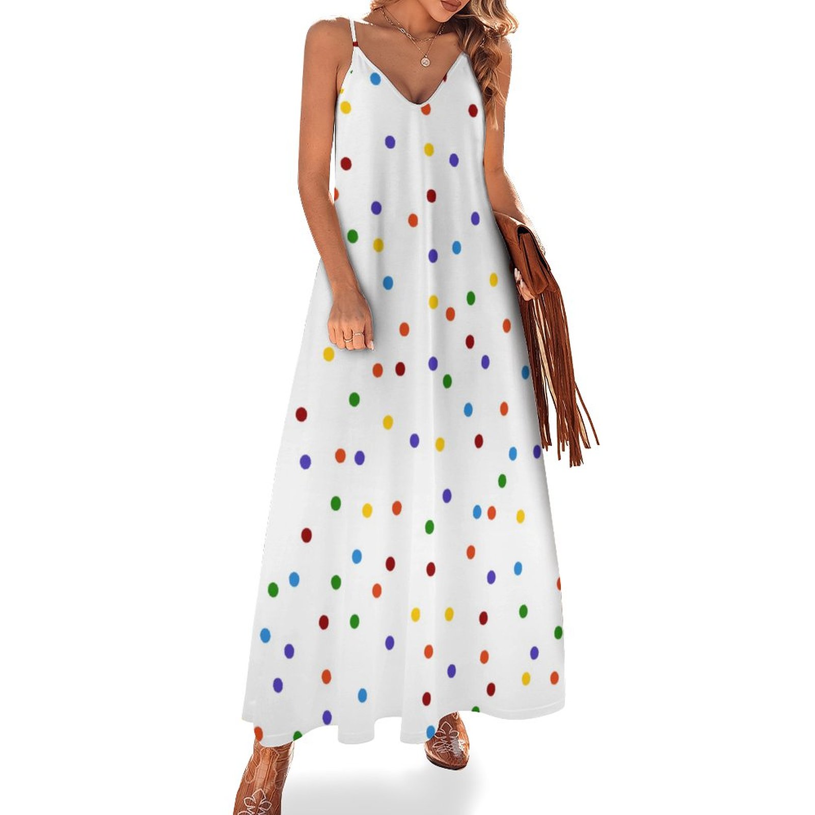 Rainbow Dots Polka Dot Confetti White Women's Casual Strappy V Neck Sleeveless Flowy Loose Long Maxi Beach Dress Sundress Rainbow Dots Polka Dot Confetti White Women's Casual Strappy V Neck Sleeveless Flowy Loose Long Maxi Beach Dress Sundress