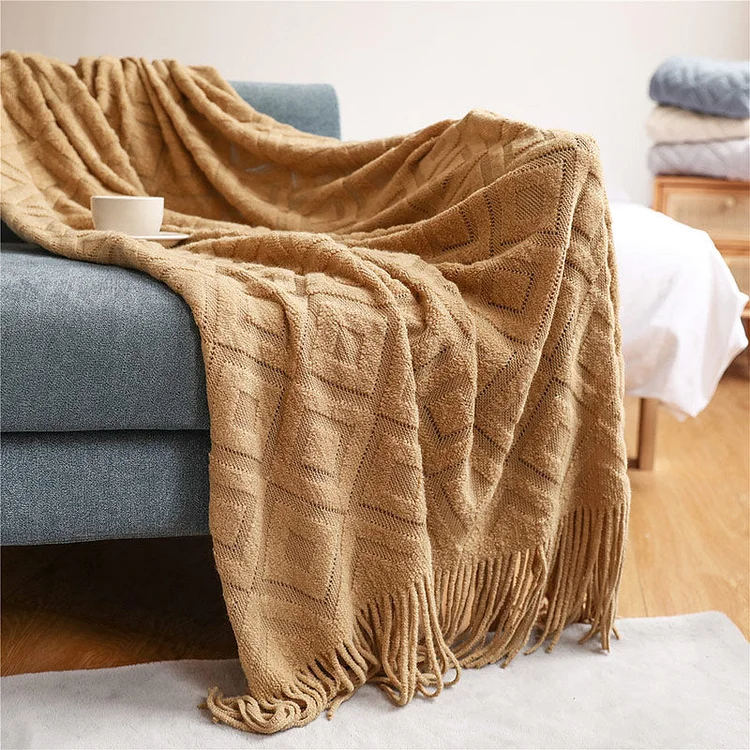 Ownkoti Simple Design Knitted Couch Tassels Blanket