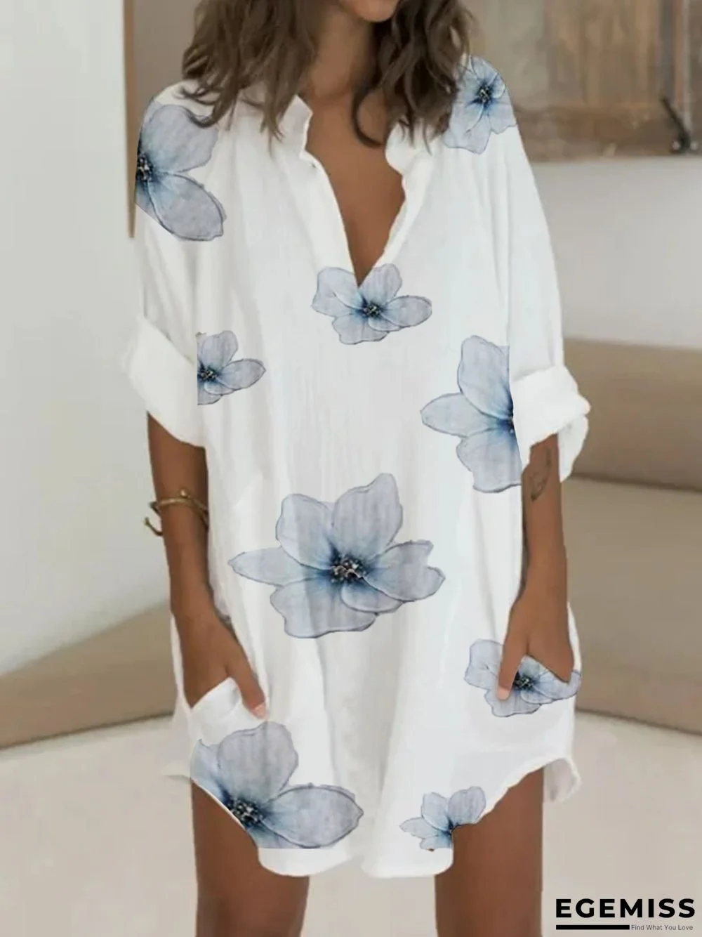Floral Floral-Print Long Sleeve Simple Women Dress | EGEMISS