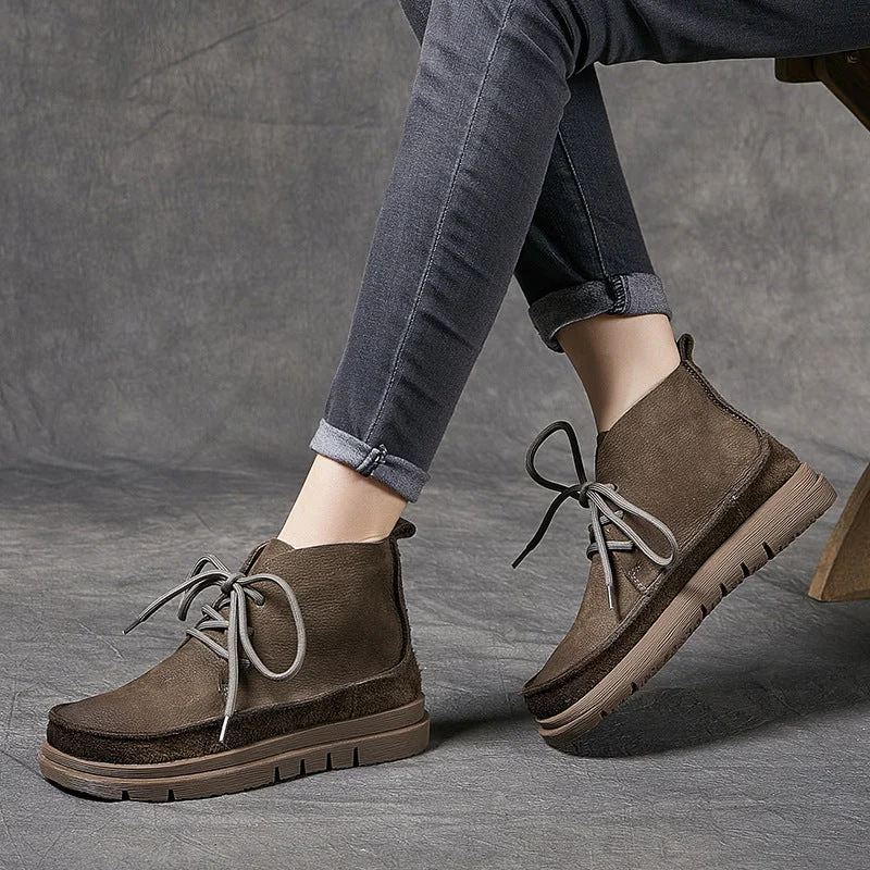 Handmade Leather Lace Up Ankle Boots For Women Soft Short Boots For Fall And Winter Coffee/Khaki