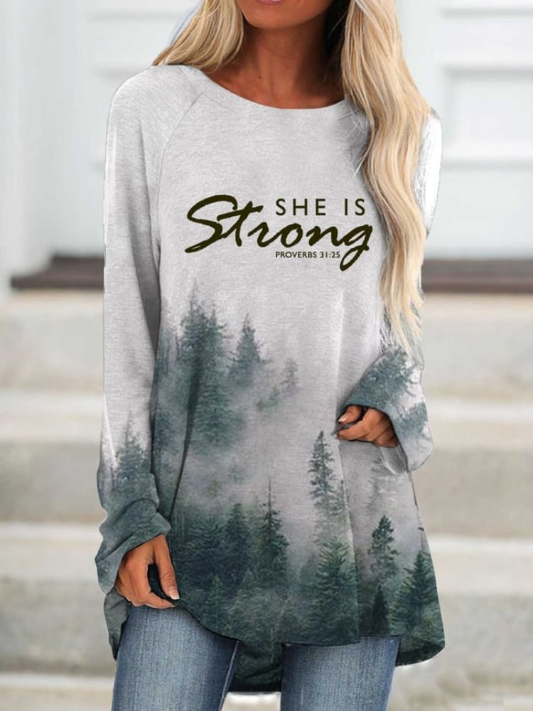 Vefave Faith She Is Strong Forest Print Casual Tunic