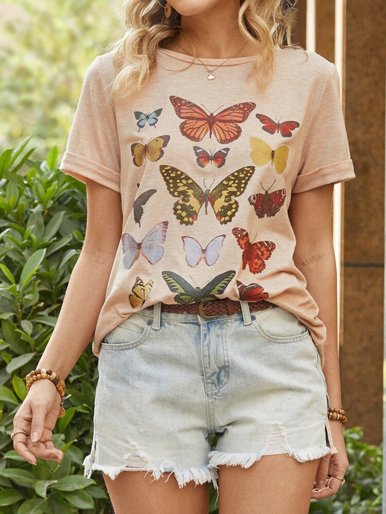 Butterfly Print Short Sleeve O neck Casual T Shirt For Women P1828712