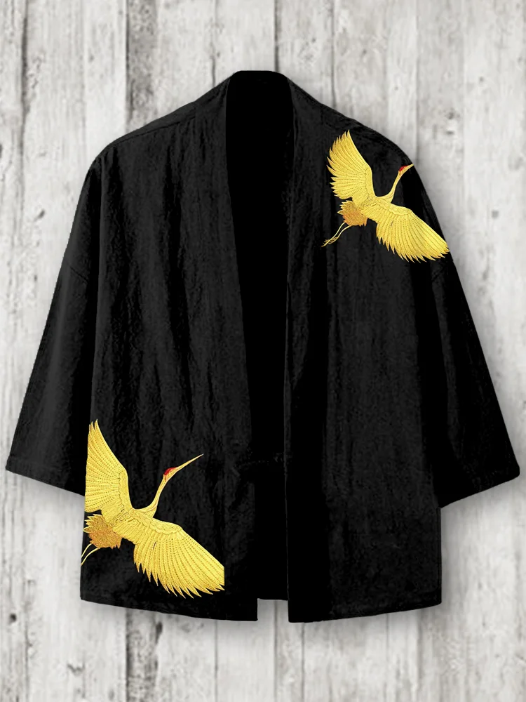 Comstylish Gold Cranes Art Linen Blend Kimono Cardigan