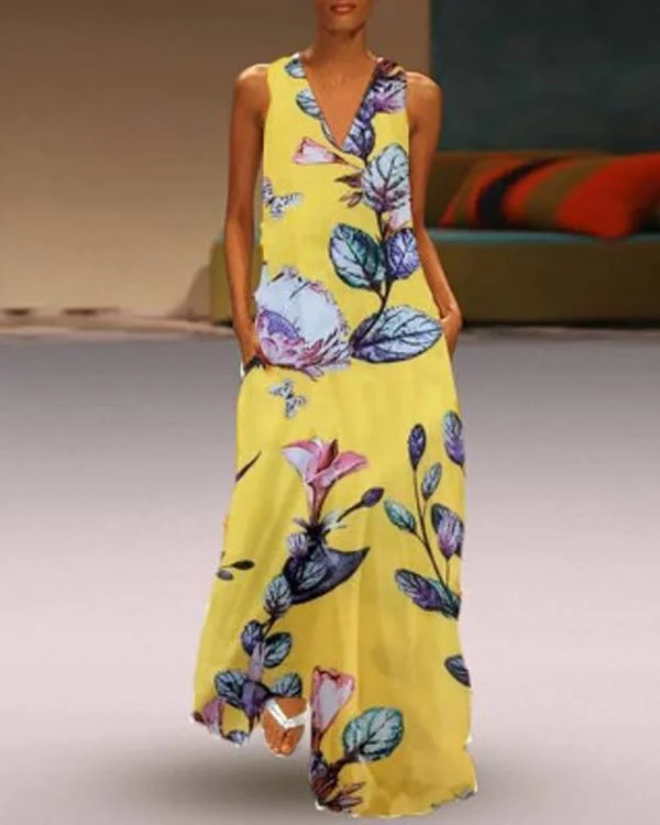 V Neck Casual Sleeveless Floral Printed Maxi Dresses