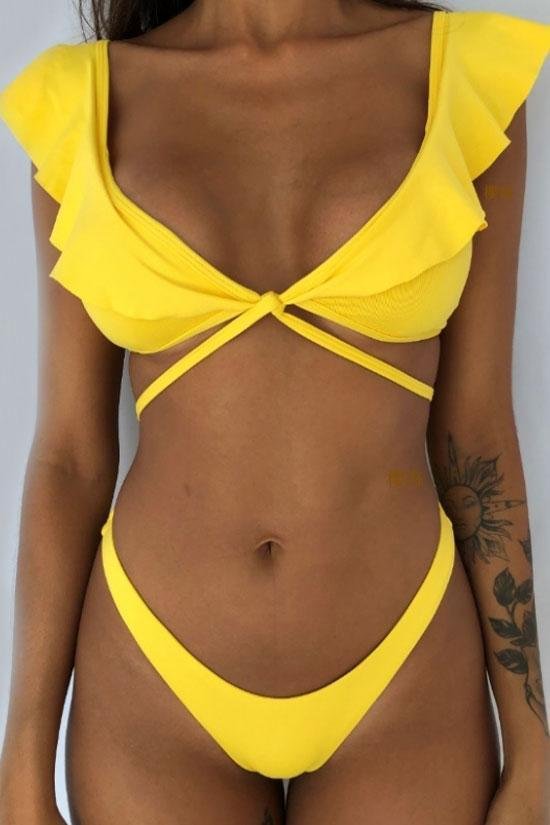 Multi Way Solid Brazilian Cut Ruffle Bikini Swimsuit - Two Piece Set - Shop Trendy Women's Clothing | LoverChic
