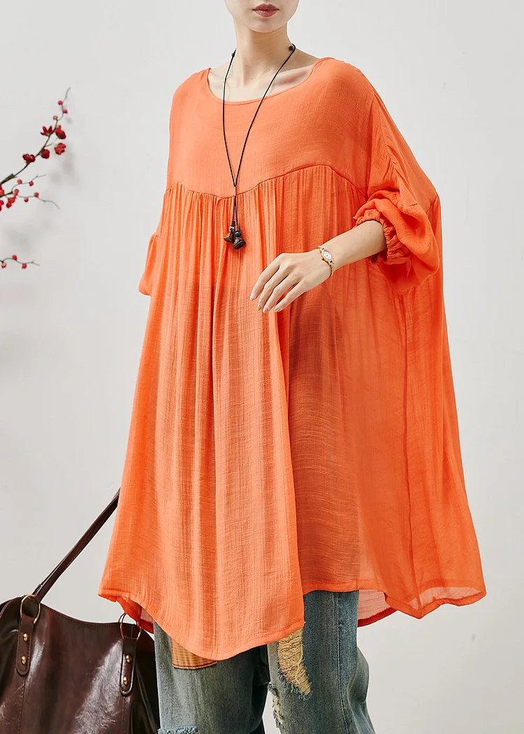 Casual Orange Oversized Lace Up Cotton Tops Fall