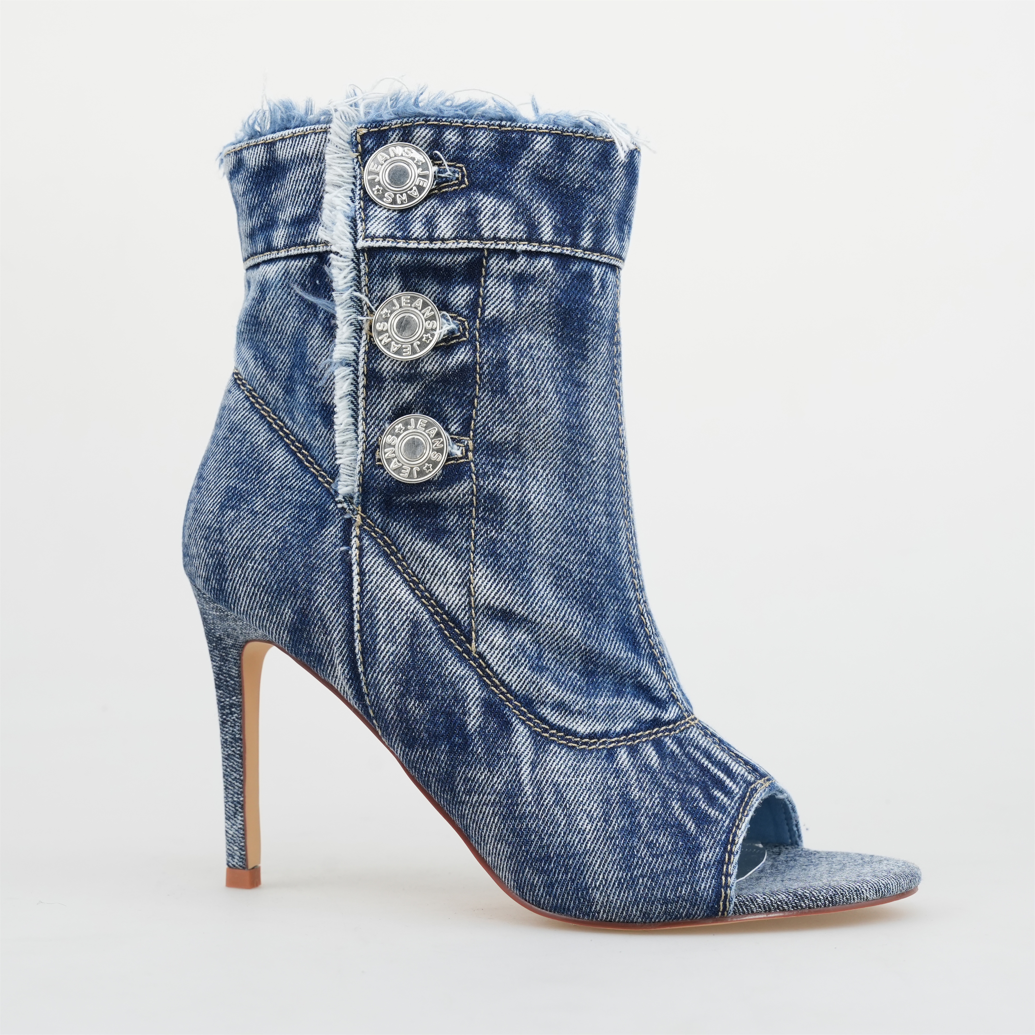 TAAFO Peep Toe High Heel Blue Denim Ankle Boots Women Round Toe Booties With Three Buttons