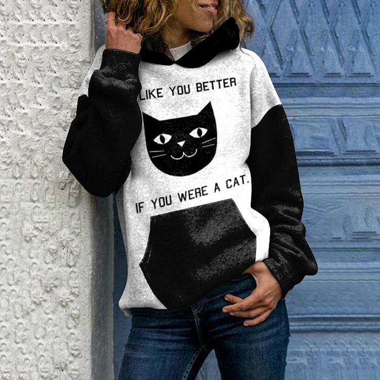 Vefave Casual Colorblock Cat Print Hoodie