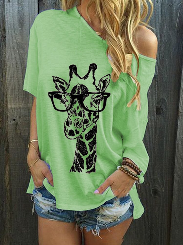 Giraffe Printed O Neck Short Sleeve Casual T shirt P1709943