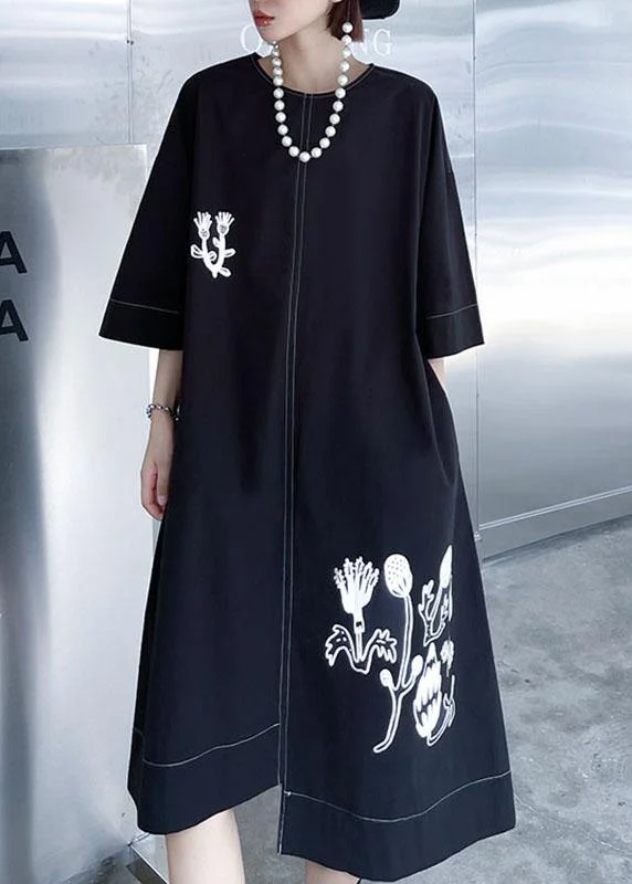 Stylish Black Embroideried Button Asymmetrical Design Fall Long sleeve Dresses