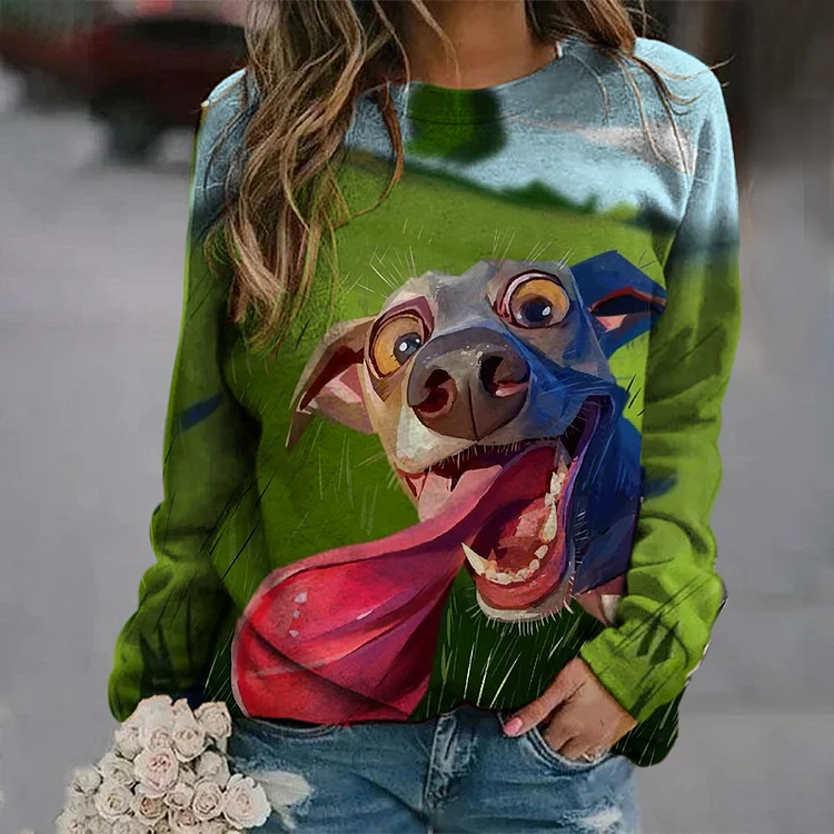 Vefave Happy Dog Print Crew Neck Sweatshirt