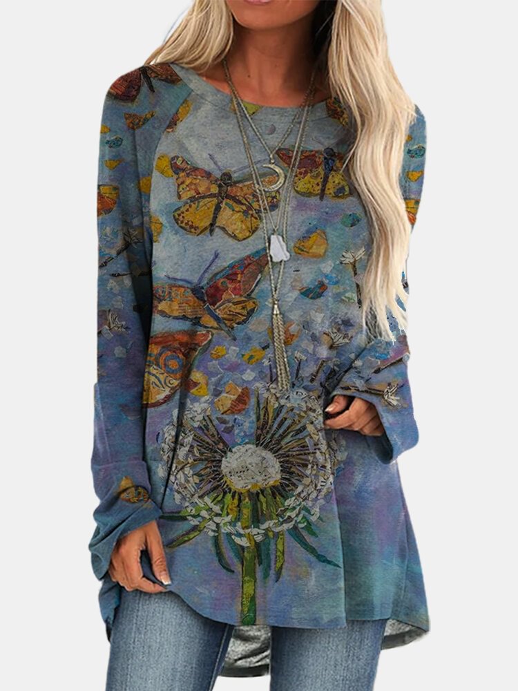 Flower Butterfly Printed Long Sleeve O neck Asymmetrical T shirt For Women P1738555