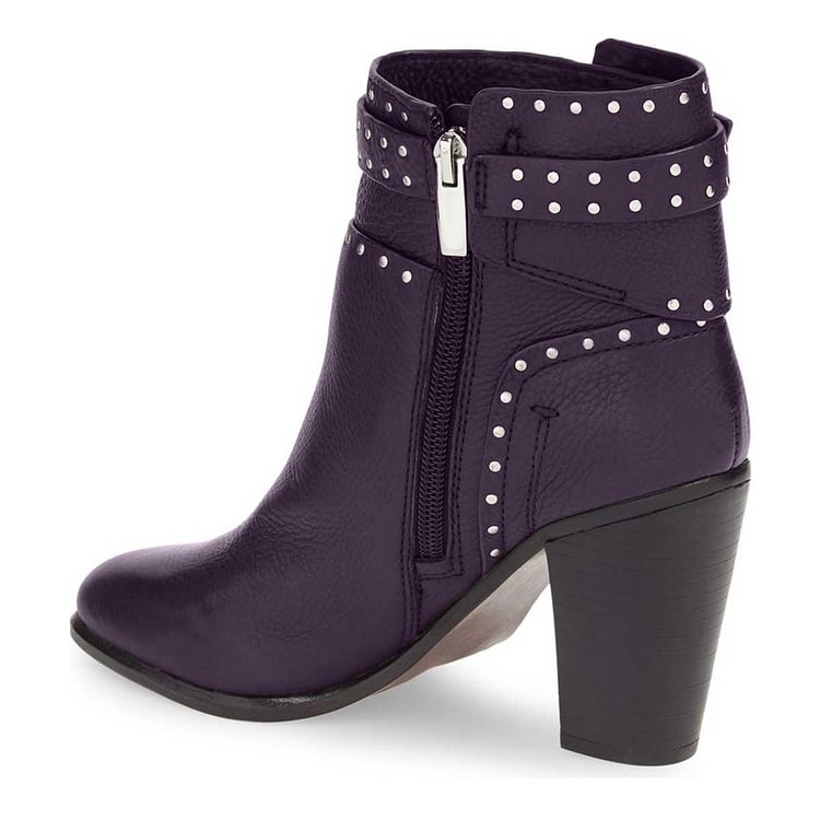 Purple Textured Vegan Boots Round Toe Chunky Heel Studs Shoes |FSJ Shoes