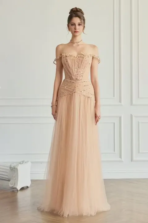 V-Neck Off‑The‑Shoulder Strapless Sleeveless High-Waisted Long Prom Dress With Appliques And Rhinestones | NY0156 Wellcucu