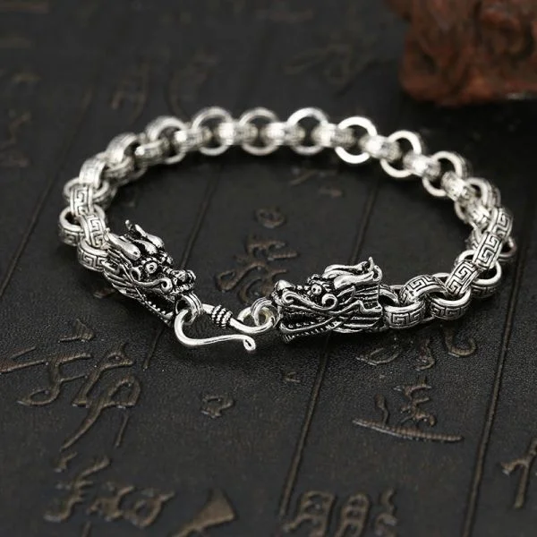 Sterling Silver Fret Pattern Dragon Chain Bracelet