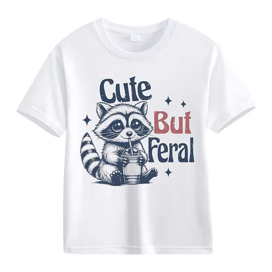 【2Y-13Y】Cute But Feral Cartoon Raccoon Print T-Shirt For Kids