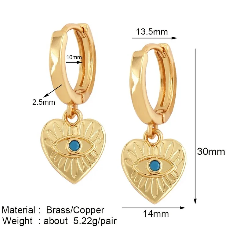 Fashion Evil Lucky Eye Charm Earring,Star Heart Round Geometry Brass 18K Real Gold Plated Colour,Trendy Jewelry Gift Supplies