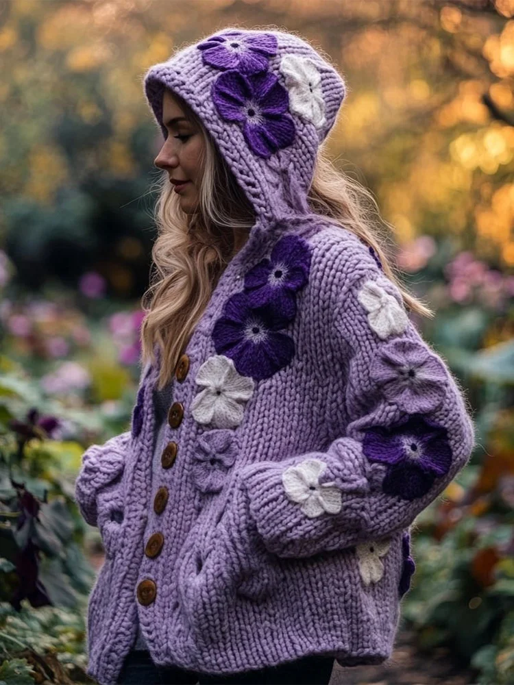 Women's Purple Floral Crochet Art Cozy Chunky Knit Hooded Cardigan