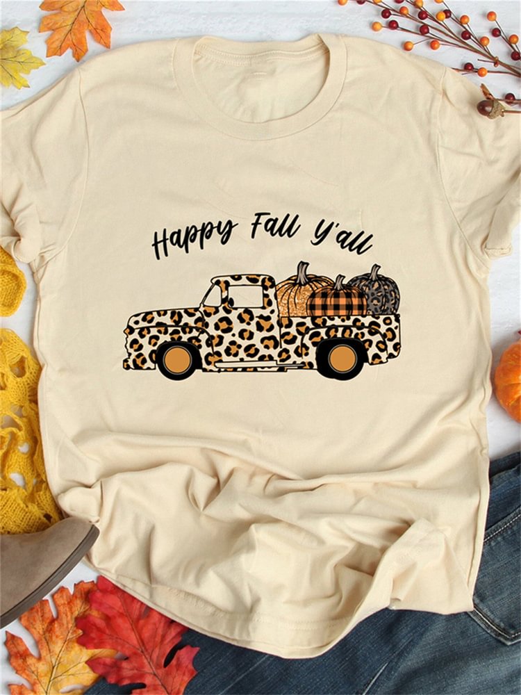 Khaki Happy Fall Leopard Truck Cute Pumpkin Graphic T Shirt
