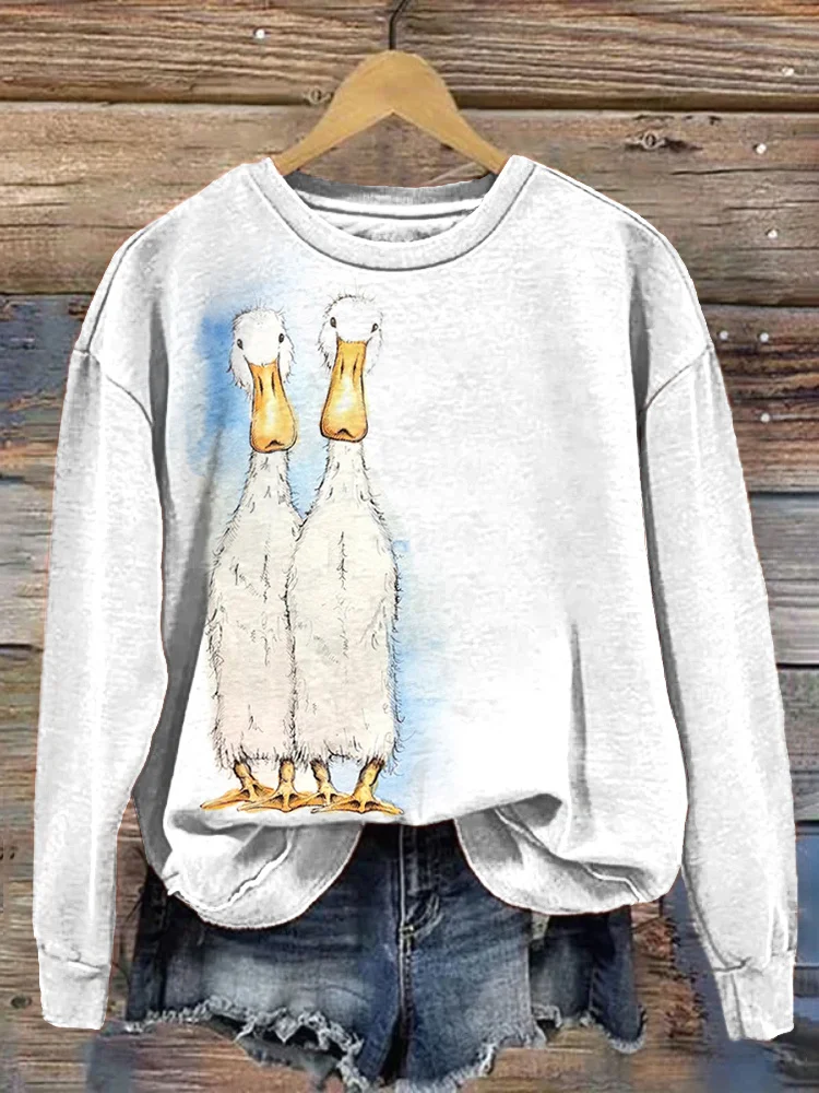 Comstylish Cute Duck Print Casual Cotton Sweatshirt