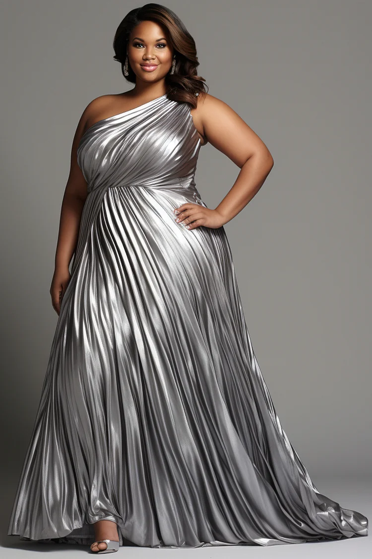Xpluswear Design Plus Size Formal Elegant Silver Oblique Collar One Shoulder Pleated Glitter Maxi Dresses [Pre-Order]