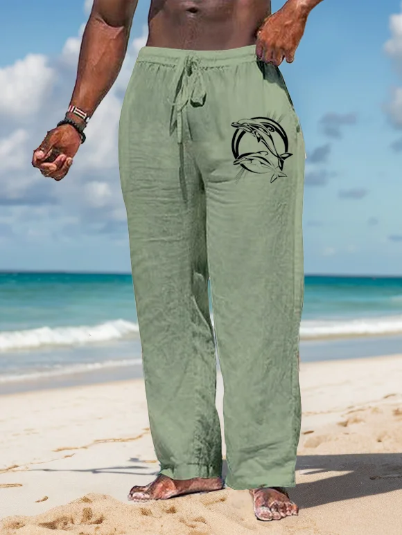 Suitmens Men's Dolphins dancing pattern Cotton And Linen Trousers