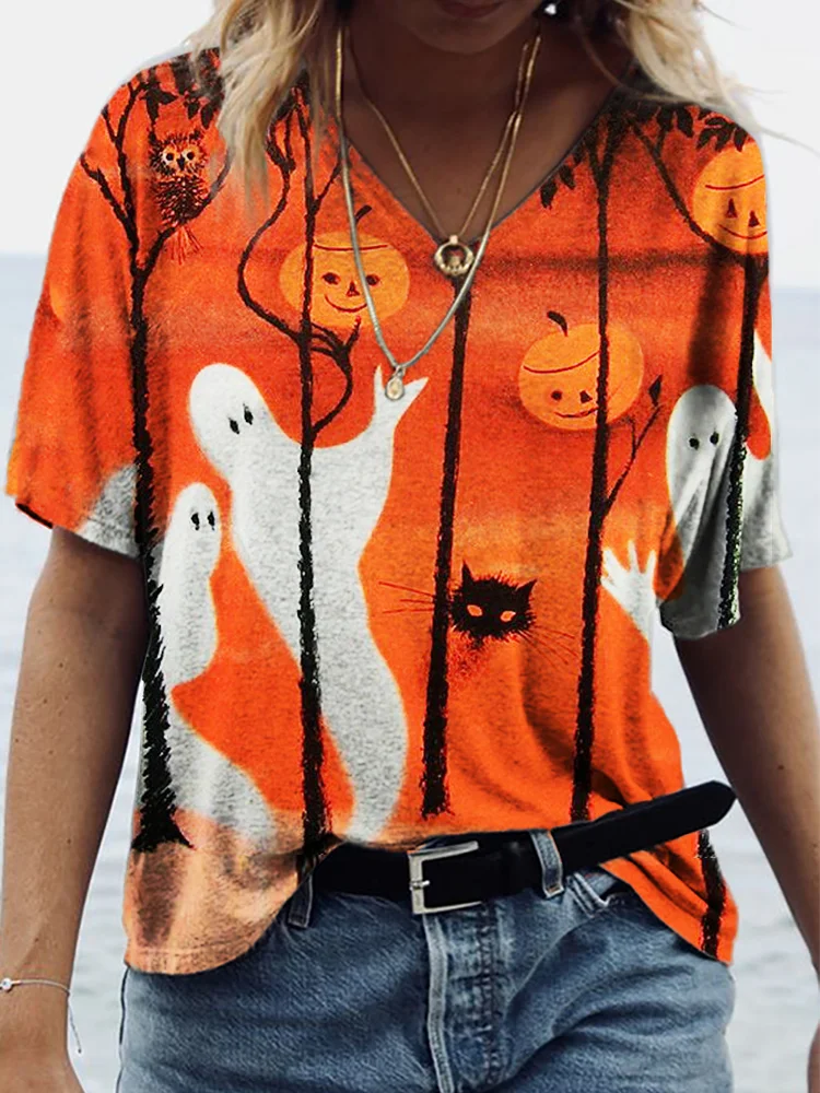 Halloween Spooky Forest V Neck T Shirt