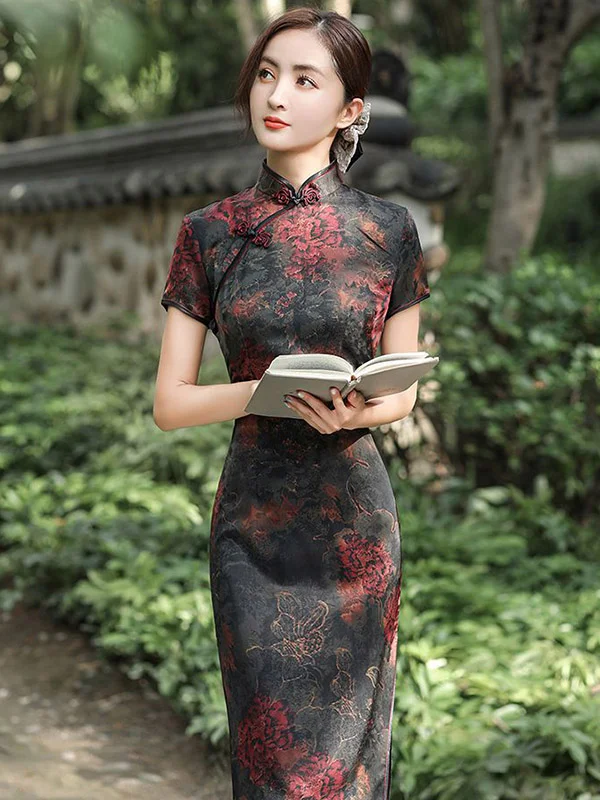Vintage Stand Collar Split-Side Silk Stamped Short Sleeves Cheongsams