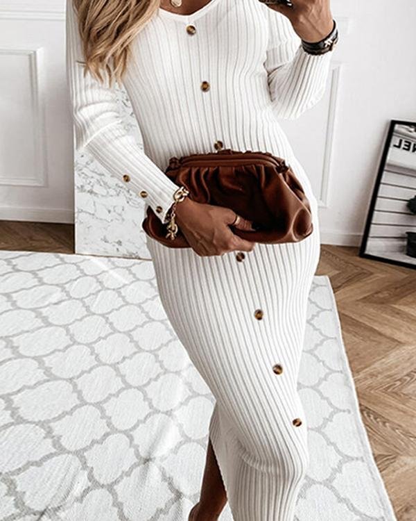 Solid Long Sleeves Bodycon Sweater Little Button Black/Casual Midi Dresses - Chicaggo