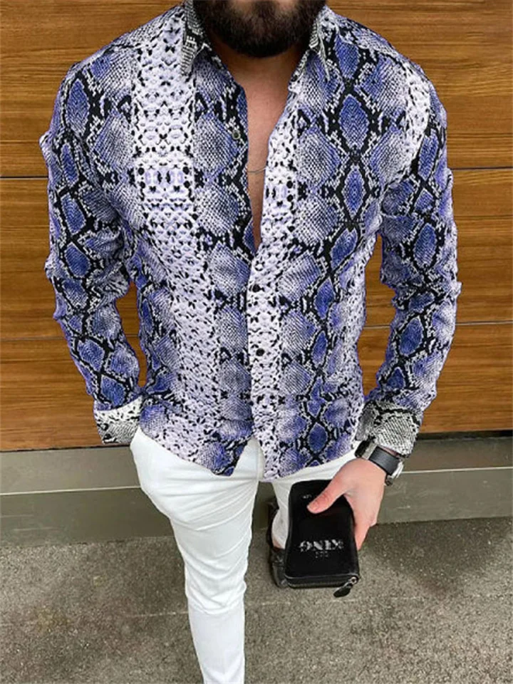 Men's Shirt Snakeskin Flip Long Sleeve Street Casual 3D Button Up Fashion Casual Beach Mens Shirt-JRSEE