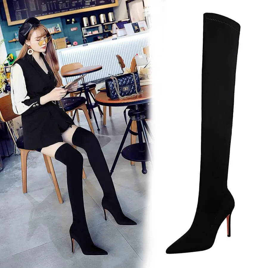 VCSHOES Black Lycra Point Toe Stretch High Heel Over Knee Boots