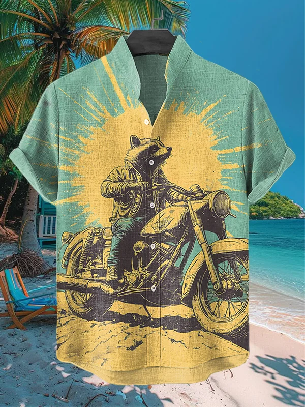Men's Motorcycle Raccoon Print Short Sleeve Shirt