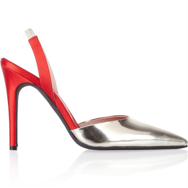 Silver Slingback Pumps Pointy Toe Metallic Heels Office Shoes |FSJ Shoes