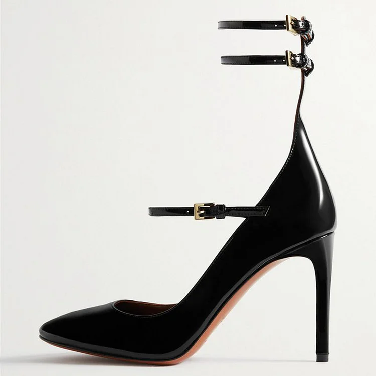 Black Stiletto Patent Heels Women'S Elegant Ankle Strap Buckle Shoes Party Sexy Pumps |FSJ Shoes